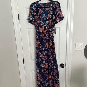 Lulus Navy and Floral Wrap Maxi Dress